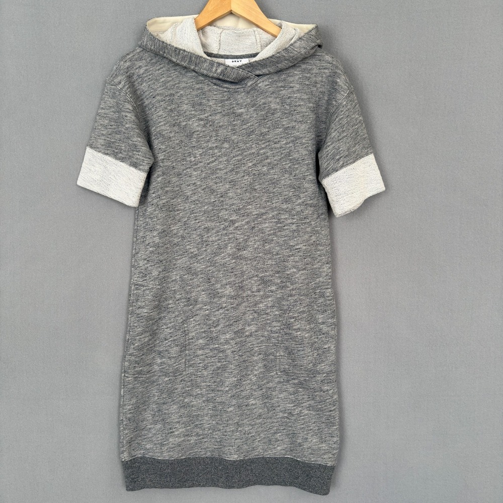 DKNY‎ Sport Hooded Dress Women Size XS Gray Stretch Short Sleeve Logo